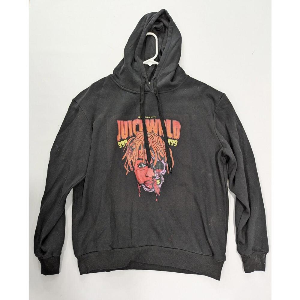 Mens JuiceWorld 999 No Vanity Face Logo Black Long Sleeve Pullover Hoodie Size L